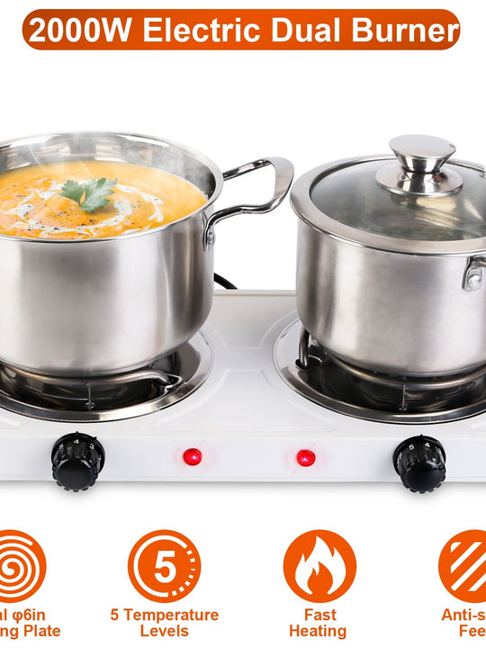 2 Color Options -- 1Pc 2000W Electric Double Burner Portable Coil Heating Hot Plate