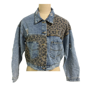 Women's Cropped Distressed Denim Jacket Ripped Button Down Jean Jacket Long Sleeve Casual Streetwear Coat