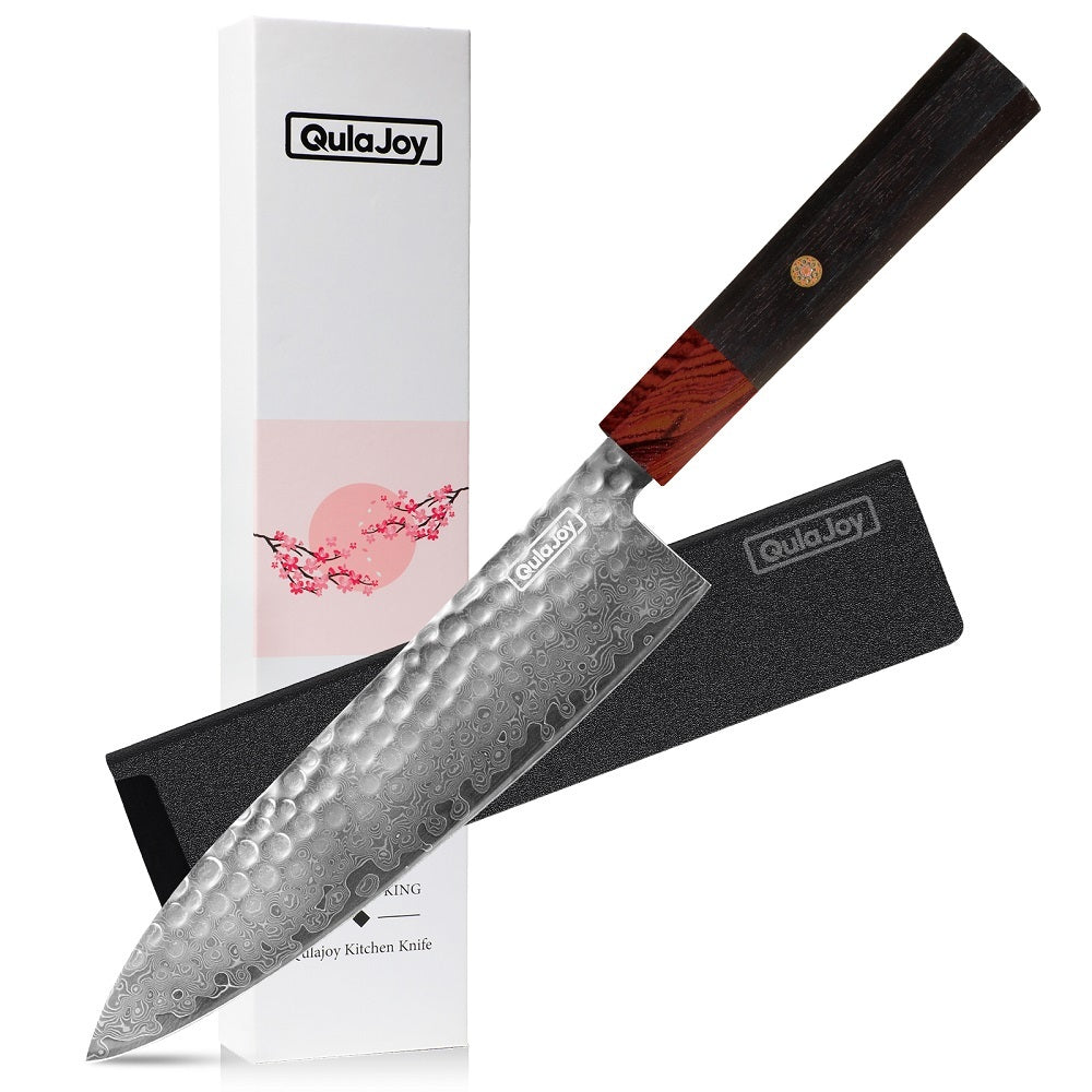 Qulajoy 8 Inch Chef Knife - Japanese Damascus VG-10 Super Steel Hammered Kitchen Knife