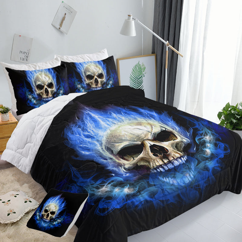 4 Piece Blue Fire Skull Comforter Set,