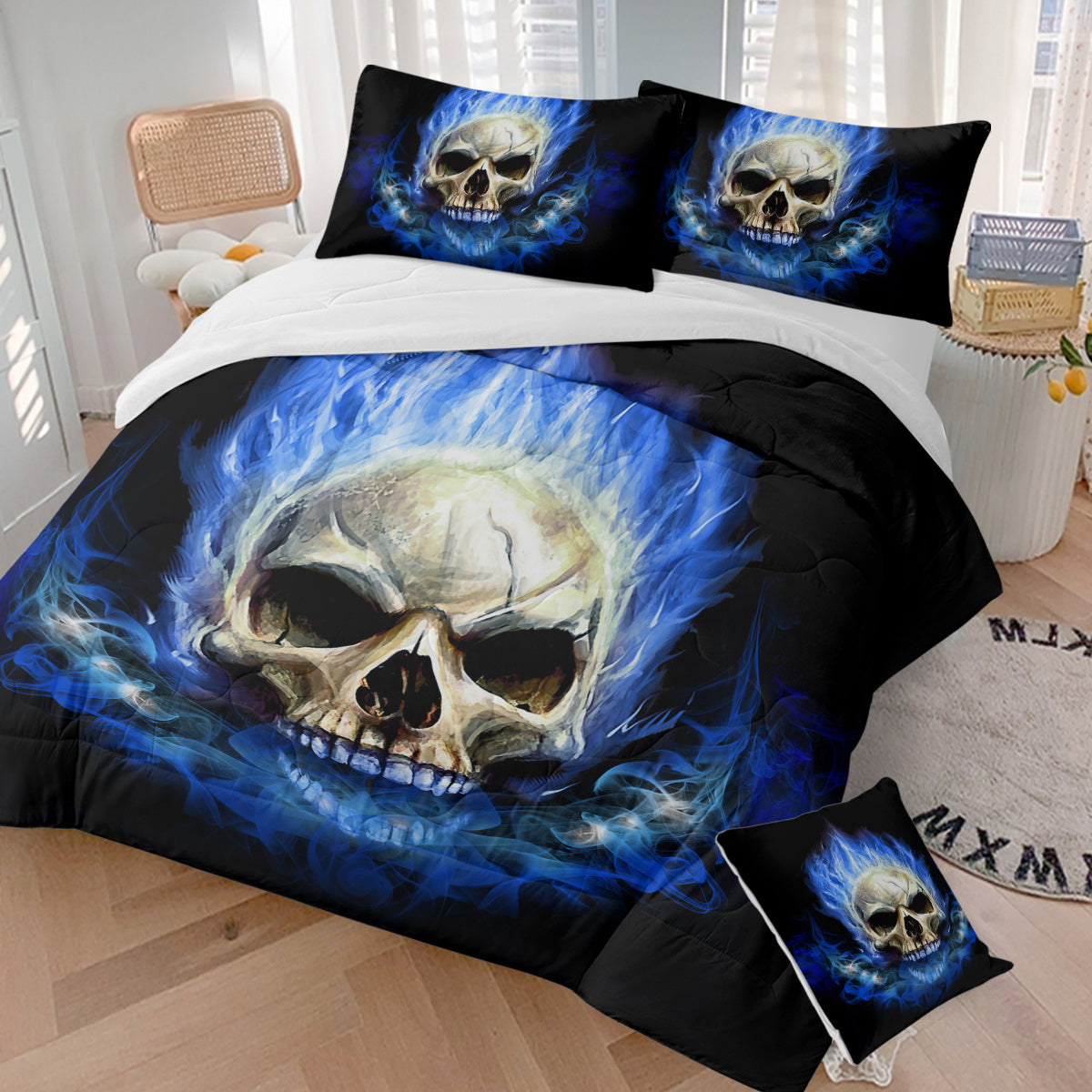 4 Piece Blue Fire Skull Comforter Set,