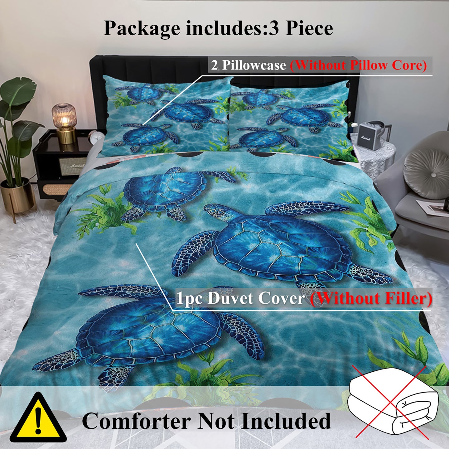 Sea Turtle Pattern Duvet Cover Set 3 Pieces King Size Soft Bedding Set