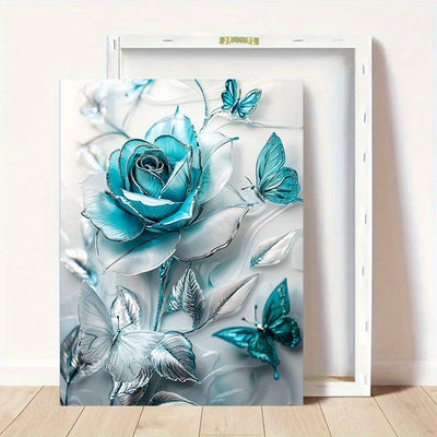 Elegant Turquoise Blue Crystal Rose & Teal Butterflies Canvas Wall Art With Wooden Frame