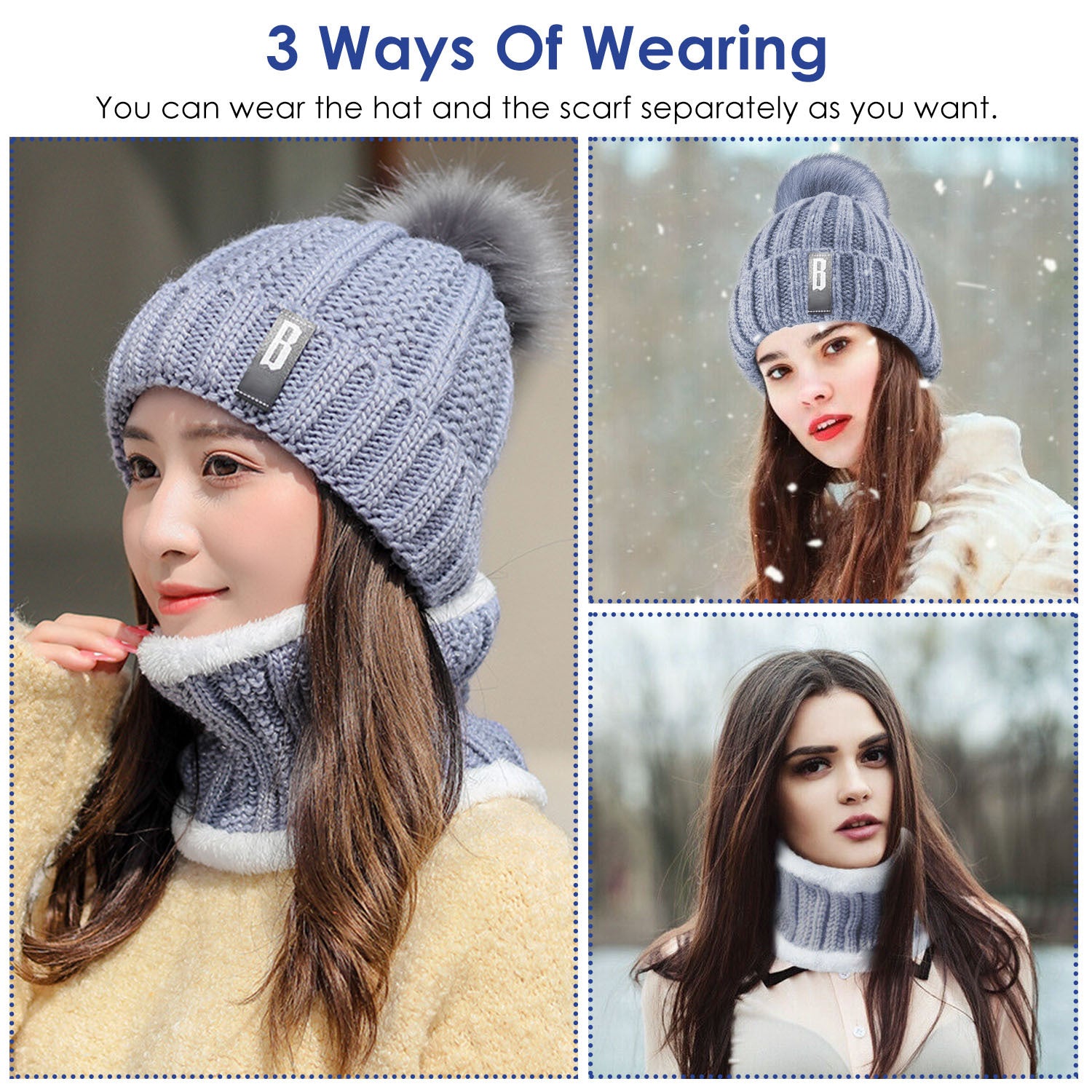 1Set Winter Beanie Hat Scarf Set Women Warm Knitting Skull Cap
