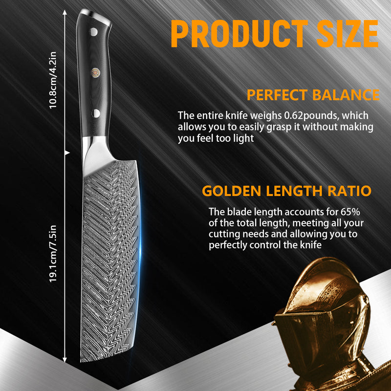 7 Inch Nakiri Knife, Damascus Steel With Feather Pattern Blade