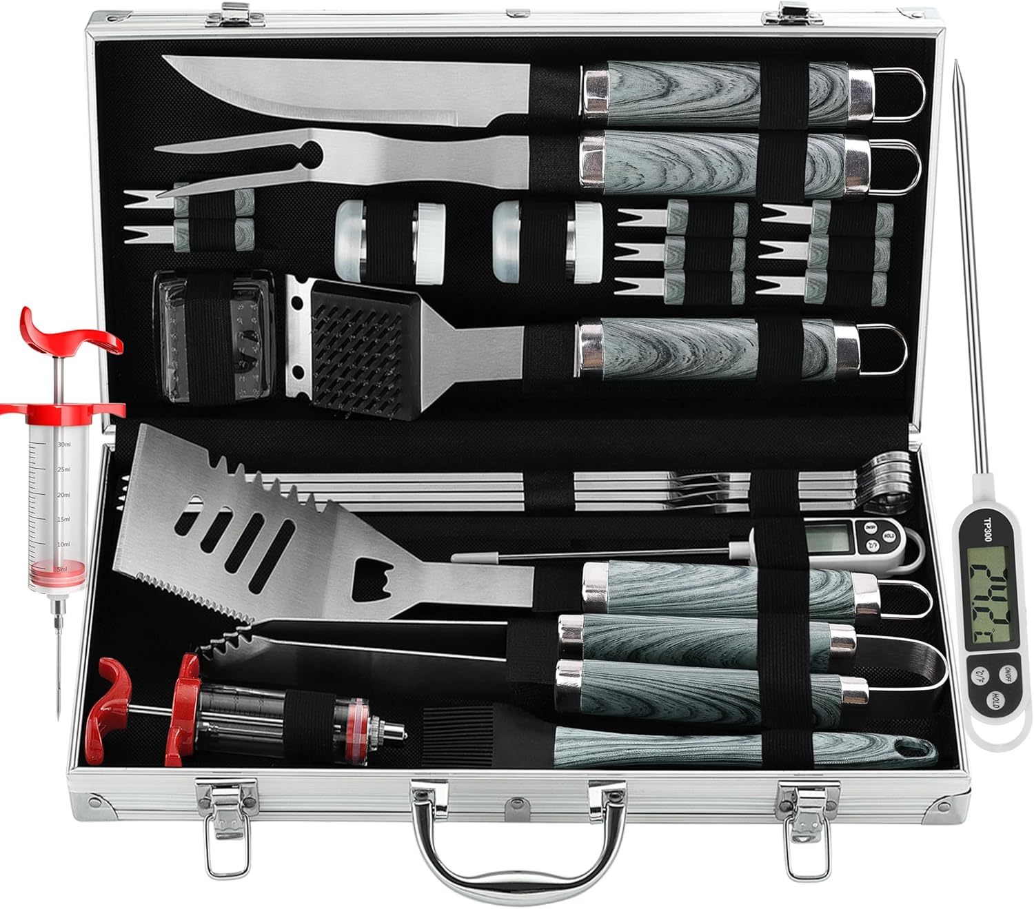 Grilljoy 24PCS BBQ Grill Tools Set With Meat Thermometer And Injector - Extra Thick Stainless Steel Fork