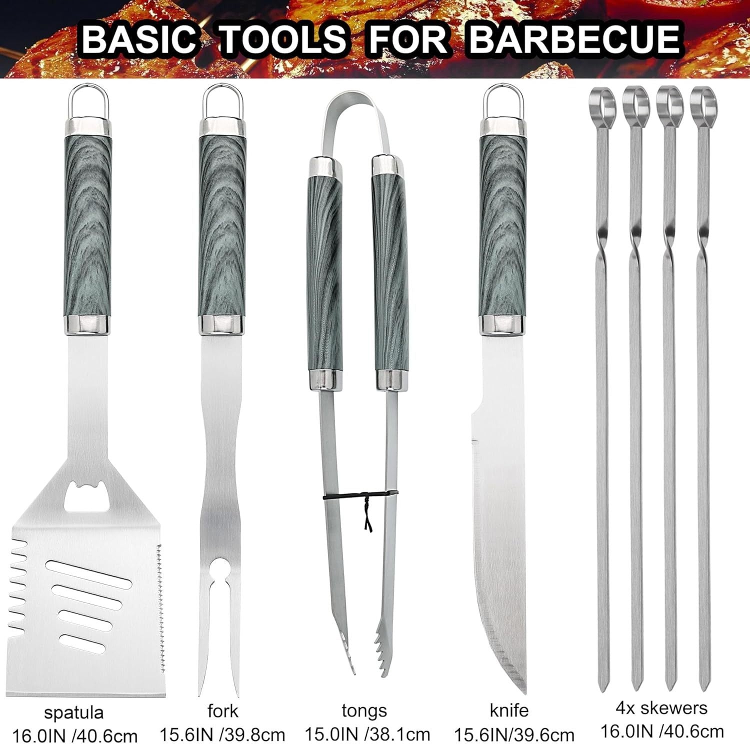 Grilljoy 24PCS BBQ Grill Tools Set With Meat Thermometer And Injector - Extra Thick Stainless Steel Fork