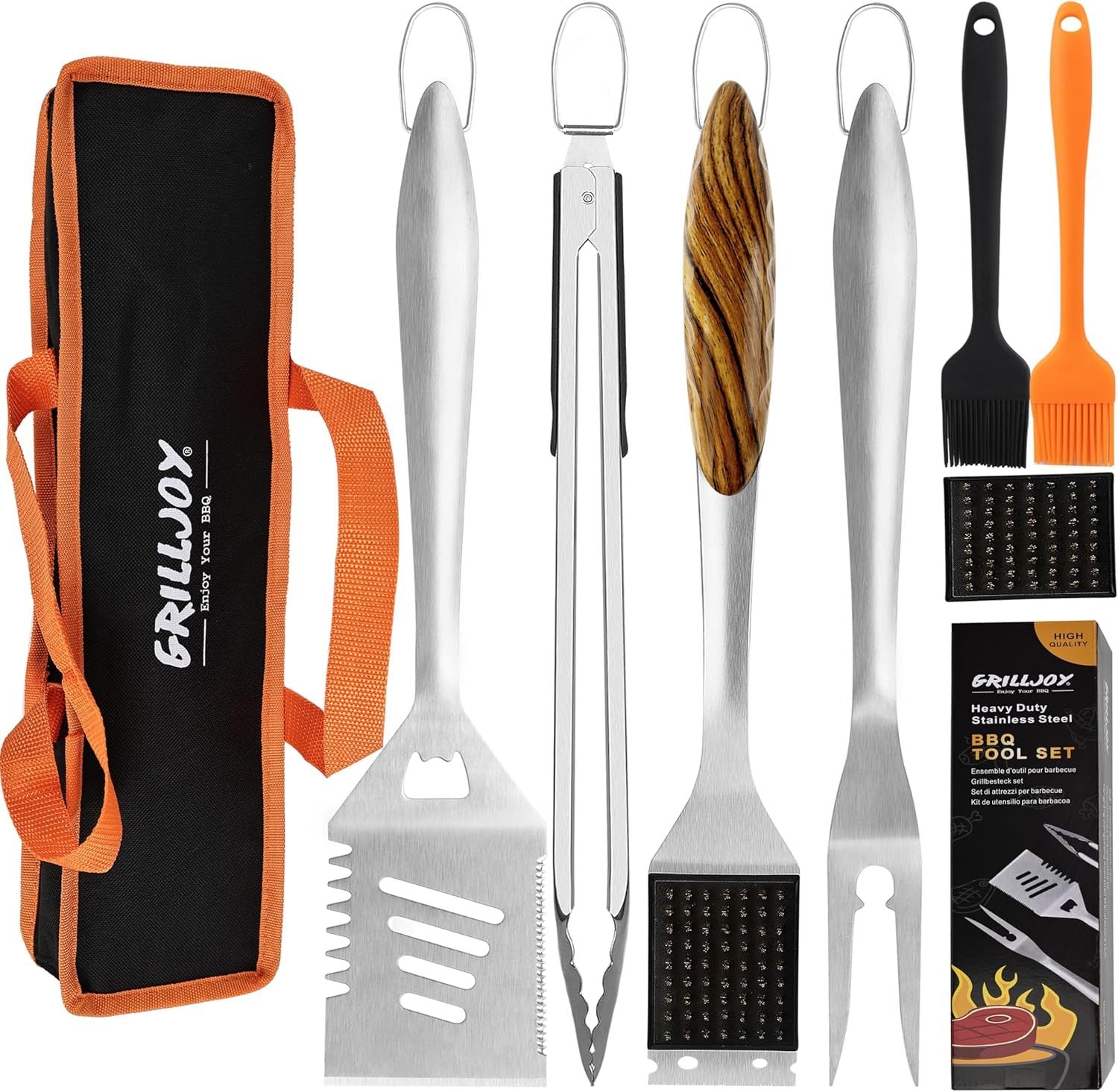 Grilljoy 8PCS Heavy Duty BBQ Grill Tools Set With Extra Thick Stainless Steel Spatula