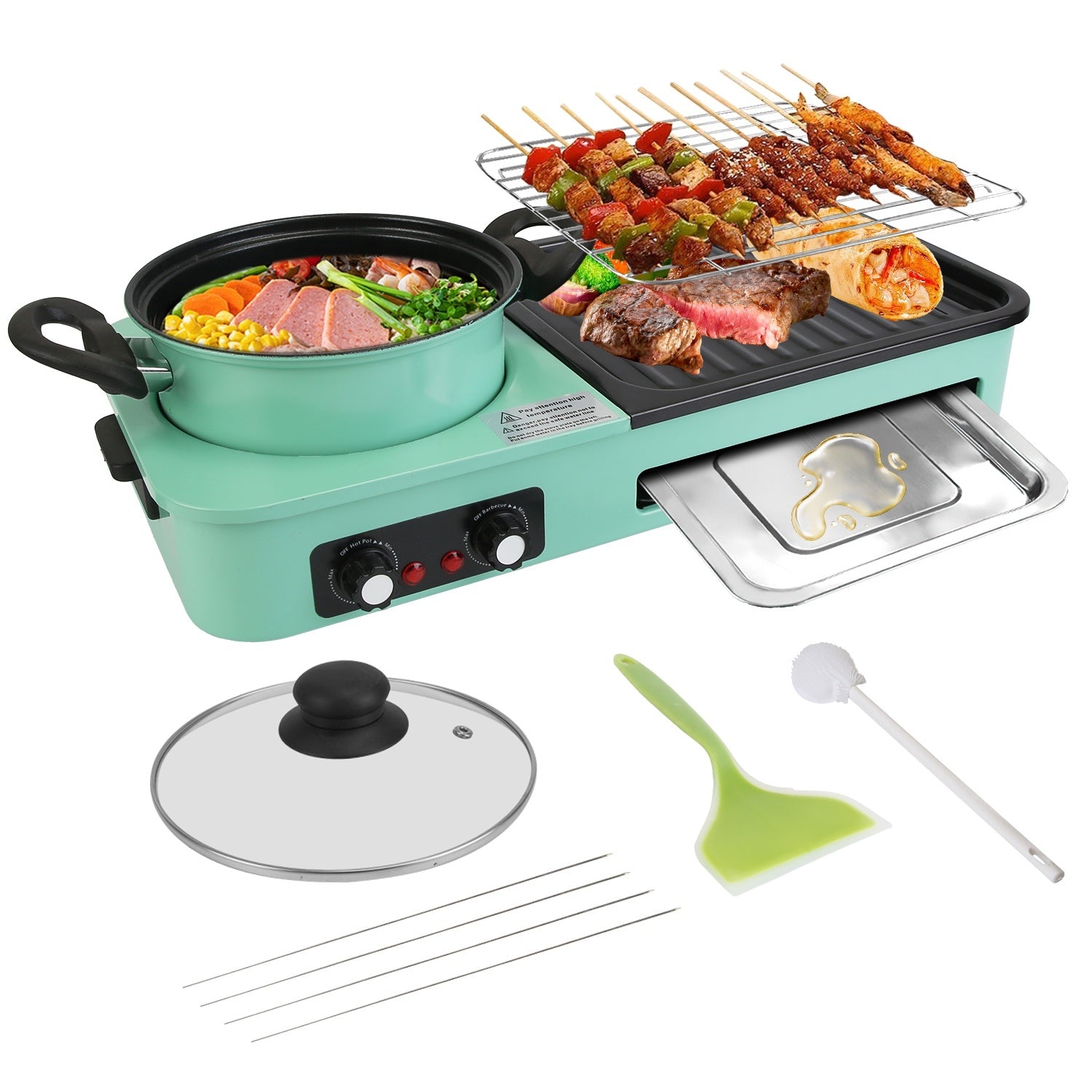 1Pc 3 In 1 Electric Hot Pot With Grill 1600W Smokeless Non-Stick Korean BBQ Grill Shabu Shabu Hot Pot