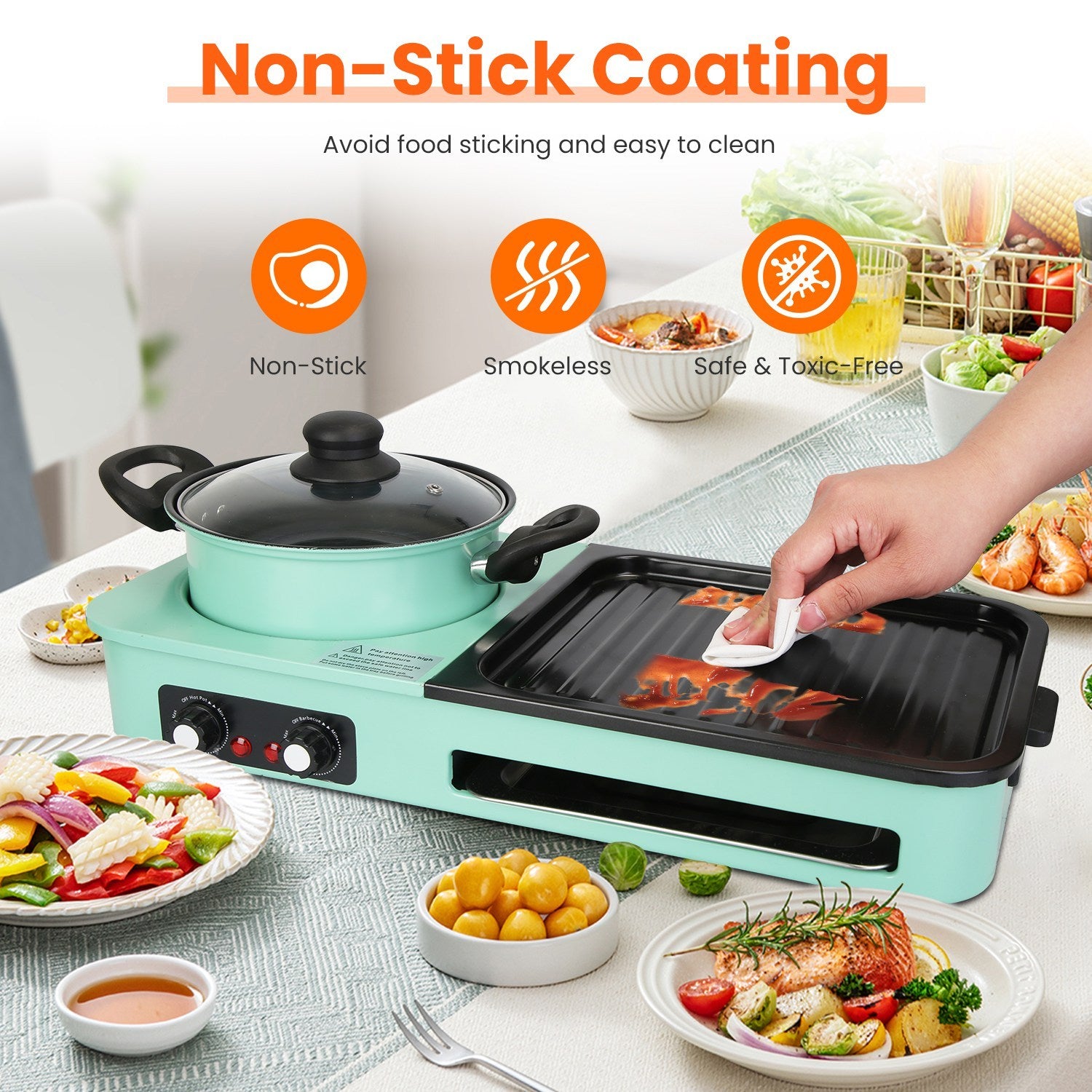 1Pc 3 In 1 Electric Hot Pot With Grill 1600W Smokeless Non-Stick Korean BBQ Grill Shabu Shabu Hot Pot
