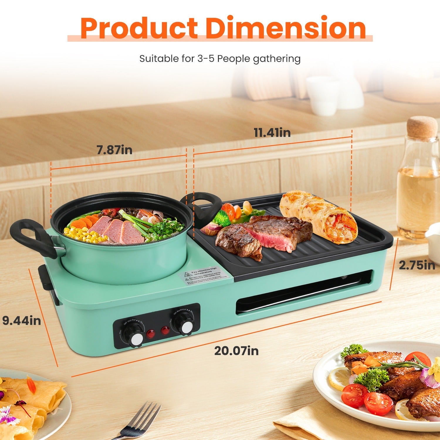 1Pc 3 In 1 Electric Hot Pot With Grill 1600W Smokeless Non-Stick Korean BBQ Grill Shabu Shabu Hot Pot