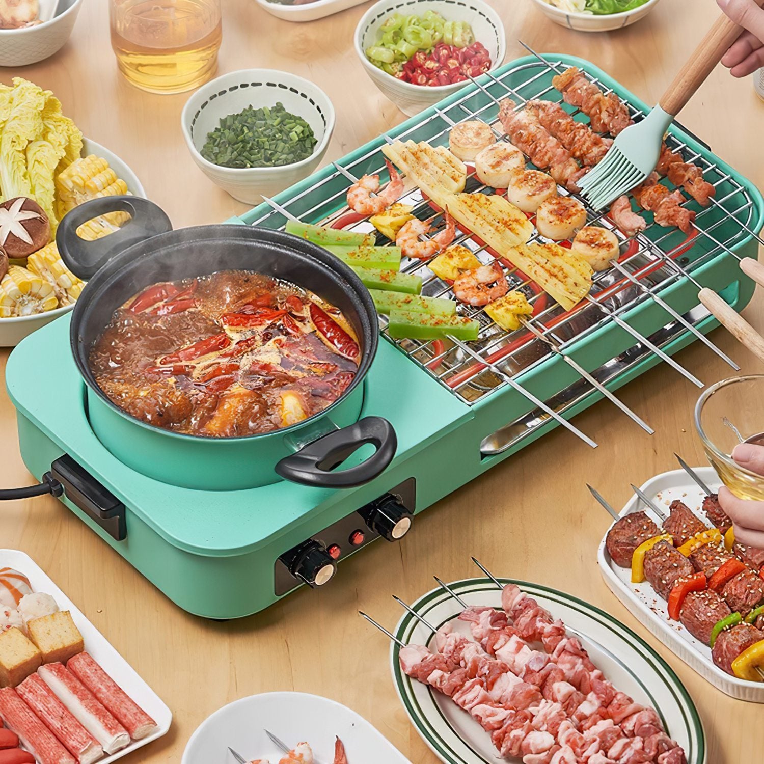 1Pc 3 In 1 Electric Hot Pot With Grill 1600W Smokeless Non-Stick Korean BBQ Grill Shabu Shabu Hot Pot