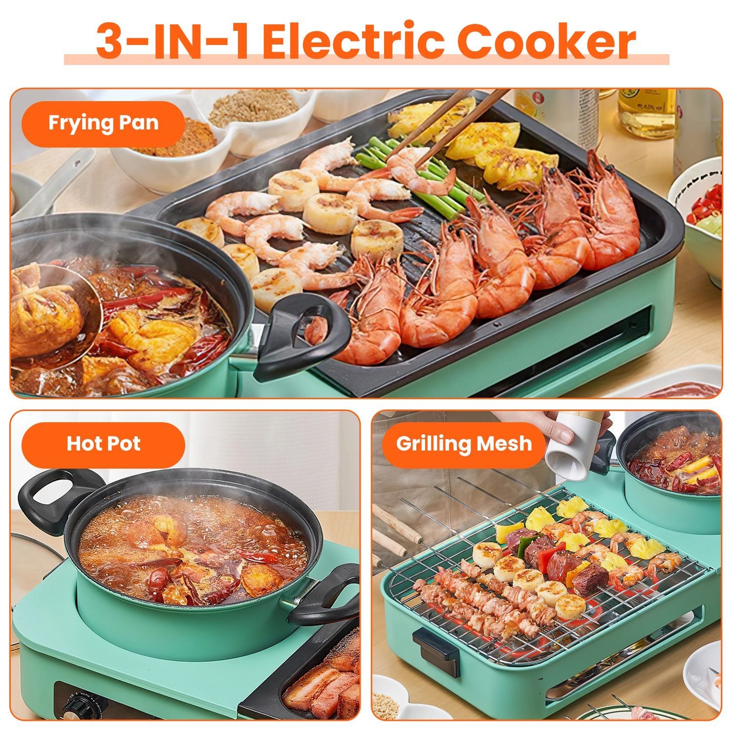 1Pc 3 In 1 Electric Hot Pot With Grill 1600W Smokeless Non-Stick Korean BBQ Grill Shabu Shabu Hot Pot