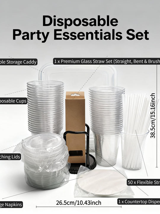50Pack 16oz Disposable Cups COMPLETE KIT With Lids  Straws Includes 15Quart Storage