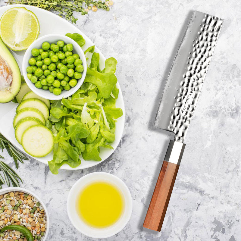 Qulajoy Nakiri Knife 7 Inch - Hammered Japanese Vegetable Knife 9cr18mov Mirror Polishing Hand Forged Blade Kitchen Knife