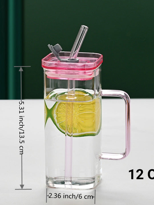 1 Pcs Blue Glass Straw Cup, 6 Colors Square Glass Cup With Straw And Lid