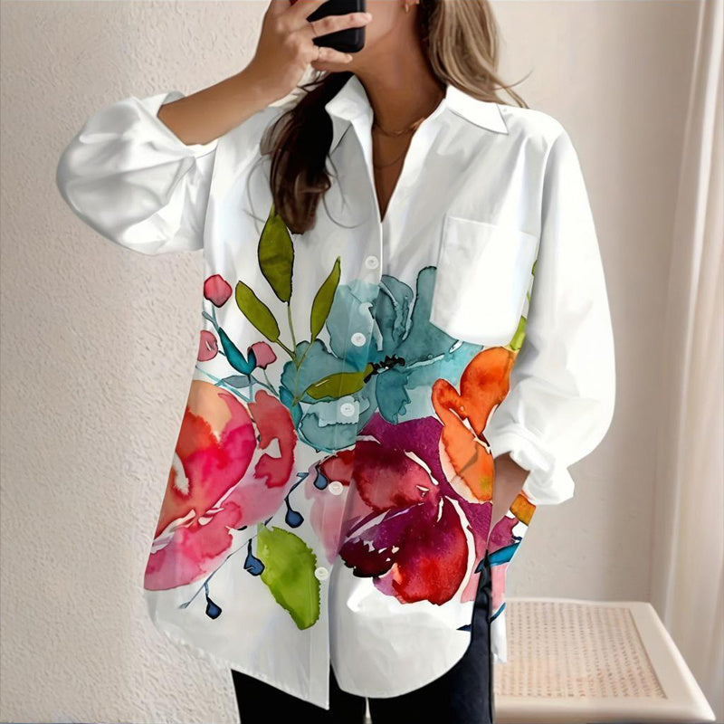 Women's Notch Lapel Long Sleeve Blouse With Colorful Floral Print