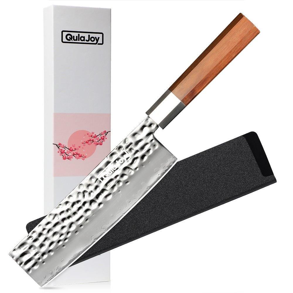 Qulajoy Nakiri Knife 7 Inch - Hammered Japanese Vegetable Knife 9cr18mov Mirror Polishing Hand Forged Blade Kitchen Knife