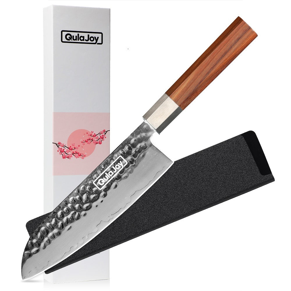 Qulajoy Nakiri Knife 7 Inch - Hammered Japanese Vegetable Knife 9cr18mov Mirror Polishing Hand Forged Blade Kitchen Knife