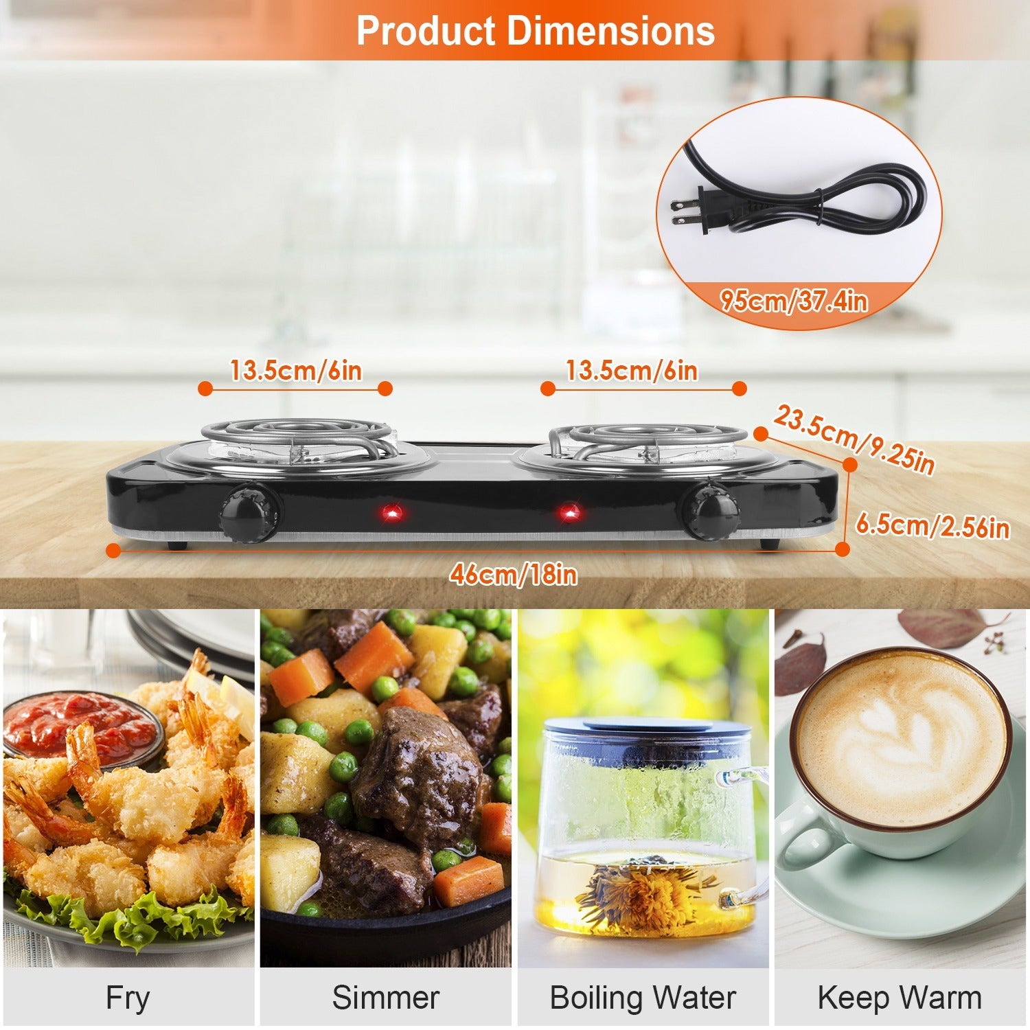 2 Color Options -- 1Pc 2000W Electric Double Burner Portable Coil Heating Hot Plate