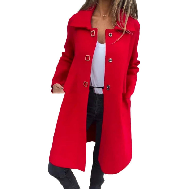 Autumn And Winter Women's Single Row Solid Color Mid-length Wool Woolen Jacket