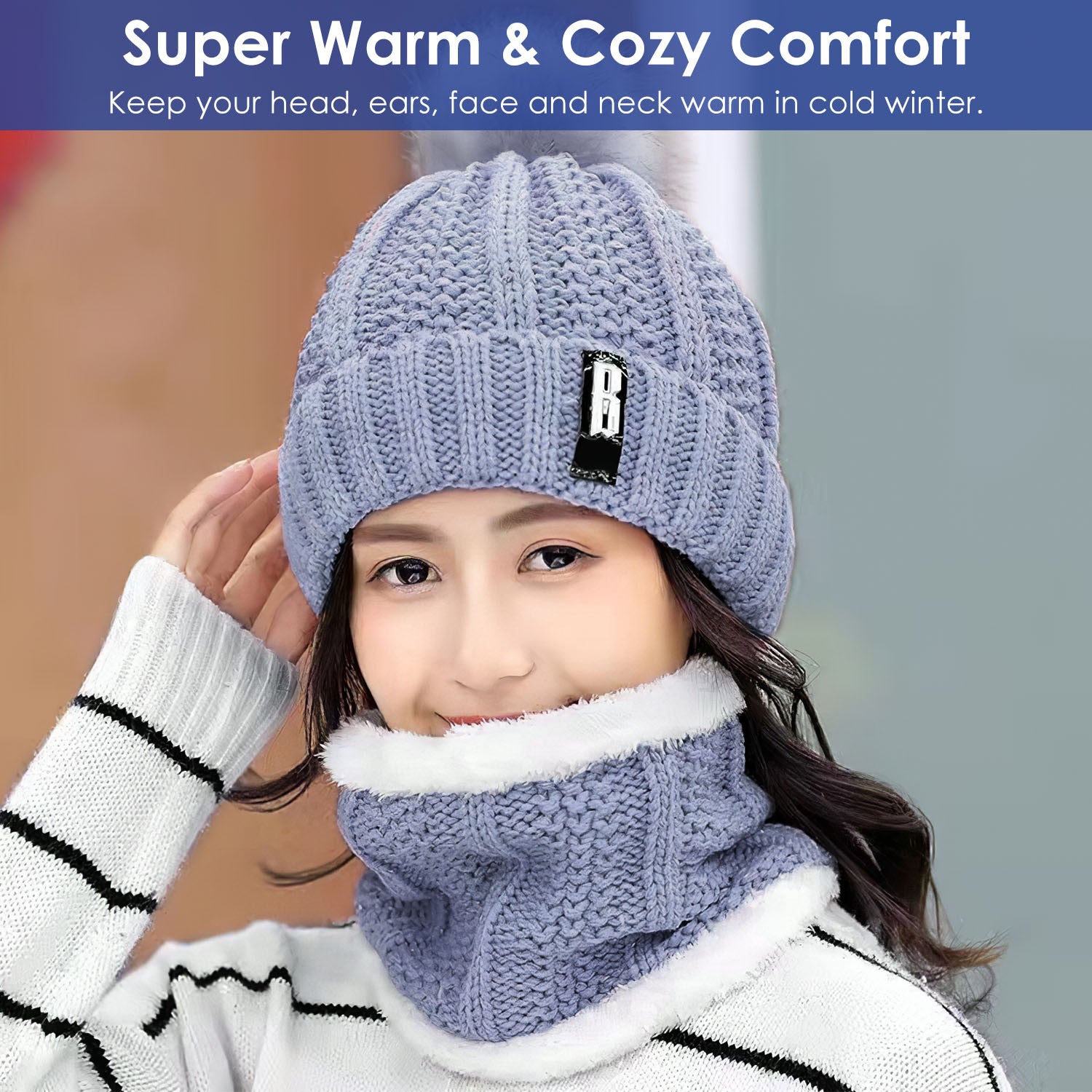 1Set Winter Beanie Hat Scarf Set Women Warm Knitting Skull Cap