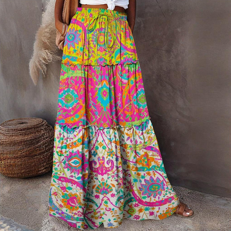 Women's Floral Print Maxi Skirt With Elastic Drawstring Waist
