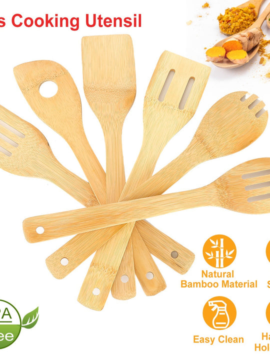 Set Of 6Pcs Cooking Utensil Bamboo Wooden Spoons Spatula Kitchen Cooking Tools Nonstick Wooden Cookware Kitchen Gadgets