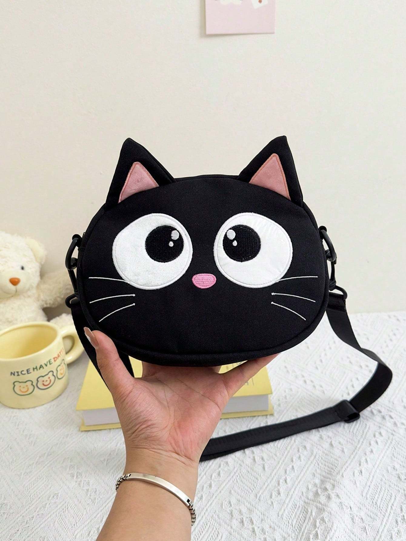 New Cute Cartoon Shoulder Bag Big Eyed Black Cat Messenger Bag For Women