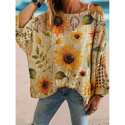 Women's Sunflower Print Sweater Hollow