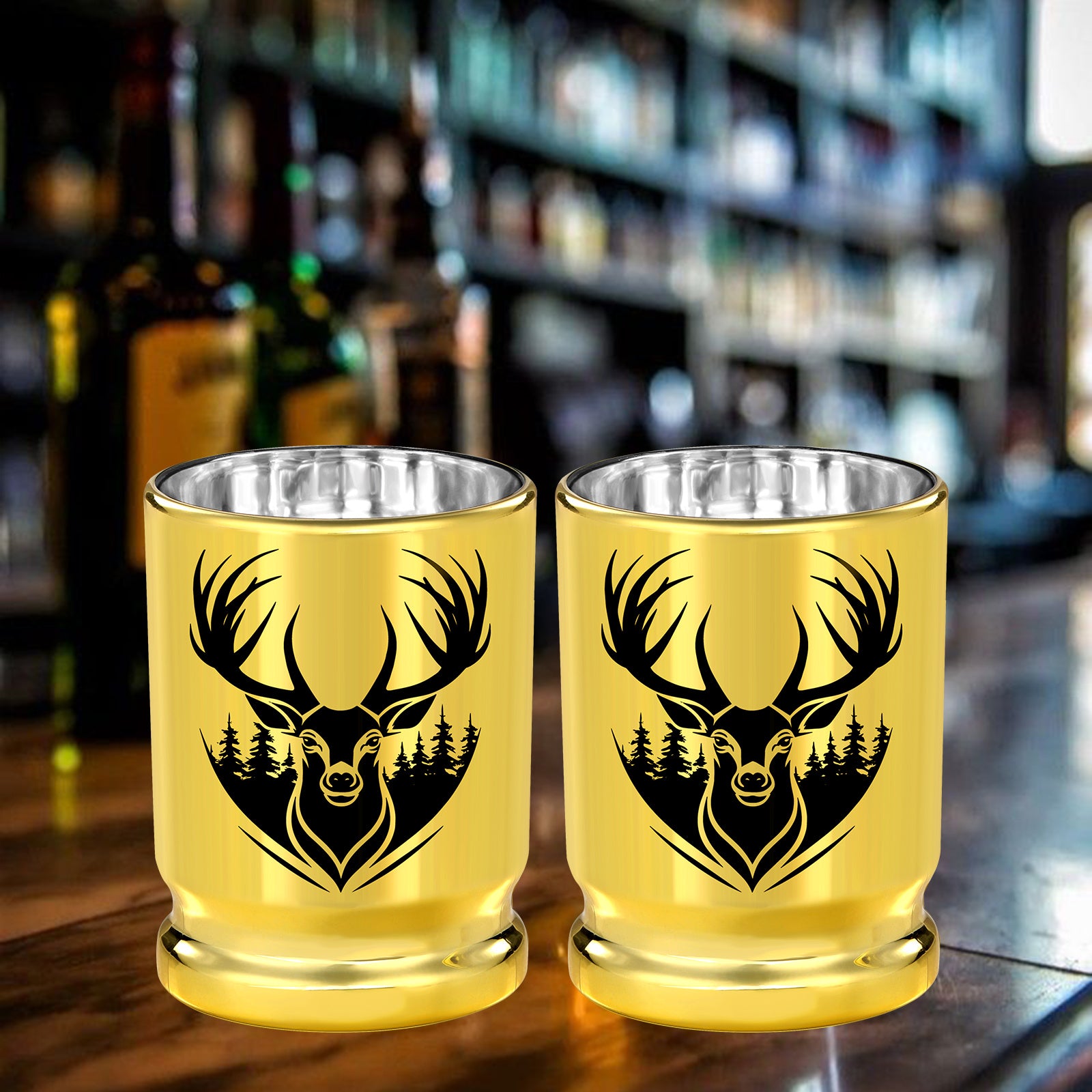 2pcs  50 Caliber Deer Head Golden Plastic Wine Glasses With Gift Box - Leak Proof
