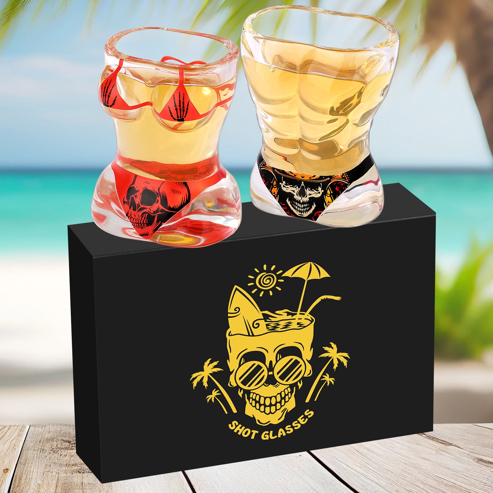 2 Pieces, Black Muscle Men's And Red Bikini Skull Style Glass