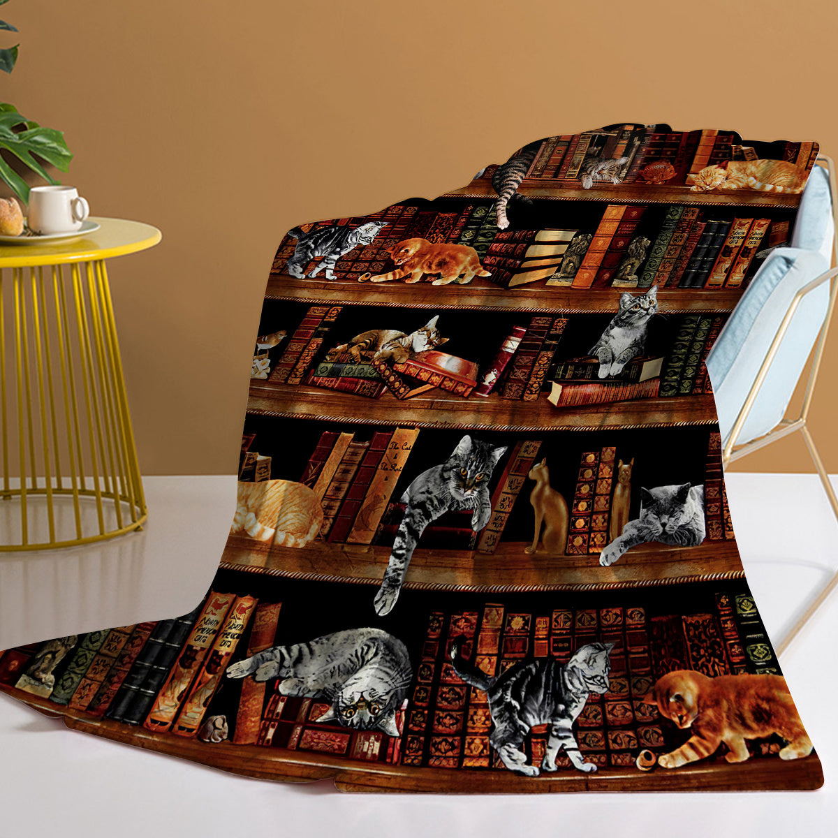 Vintage Kitten Flannel Blanket Cat In The Bookshelf Throw Blanket