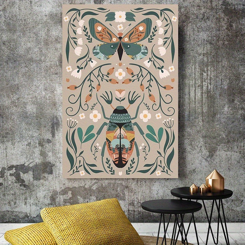 1pcs Modern Classic Wood Frame Canvas Wall Decor With Plant Flower & Butterfly Print