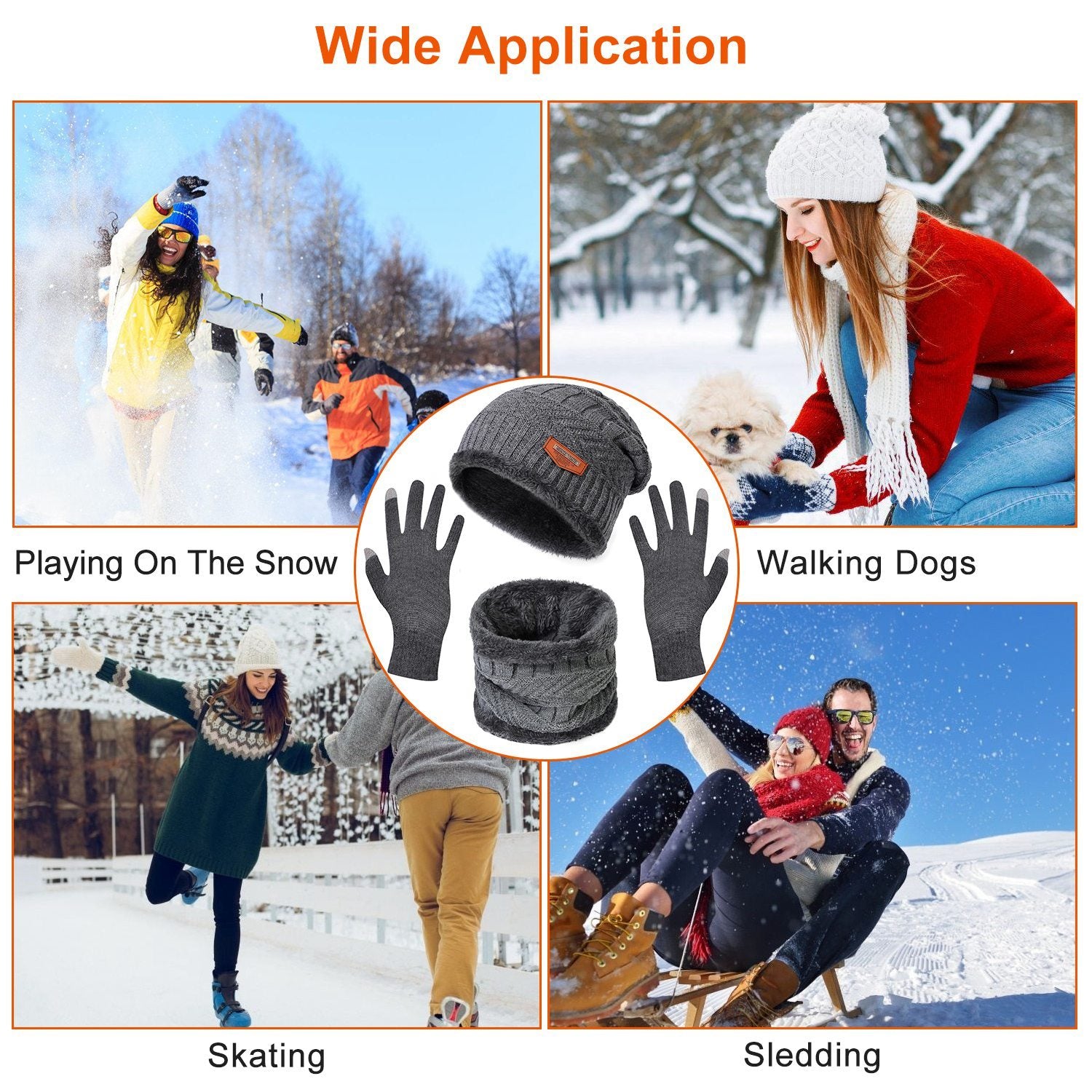3Pcs Winter Knitted Hat Scarf Gloves Winter