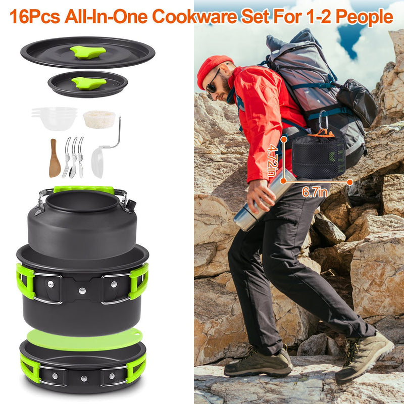16Pcs Camping Cooking Ware Set Camping Stove Cookware Kit Aluminum Pot Pan Kettle Set