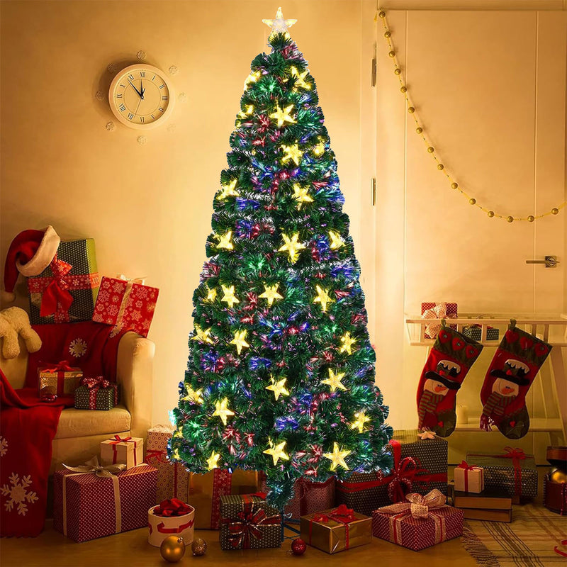 6FT Pre-lit Fiber Optic Christmas Tree With Large Stars, Artificial Chritsmas Tree