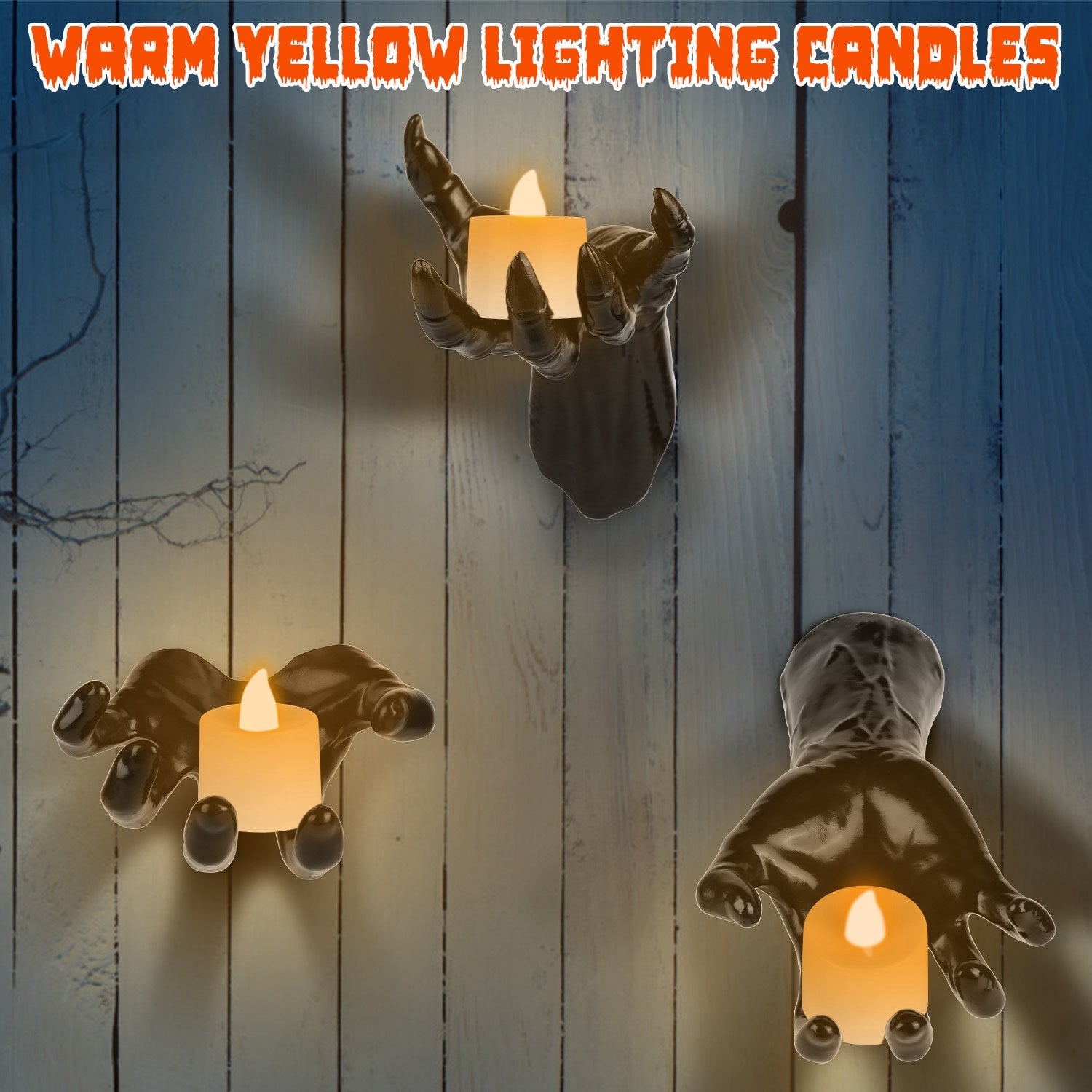 3Pcs Creepy Reaching Hands With Lighted Candles Wall Mounted Halloween
