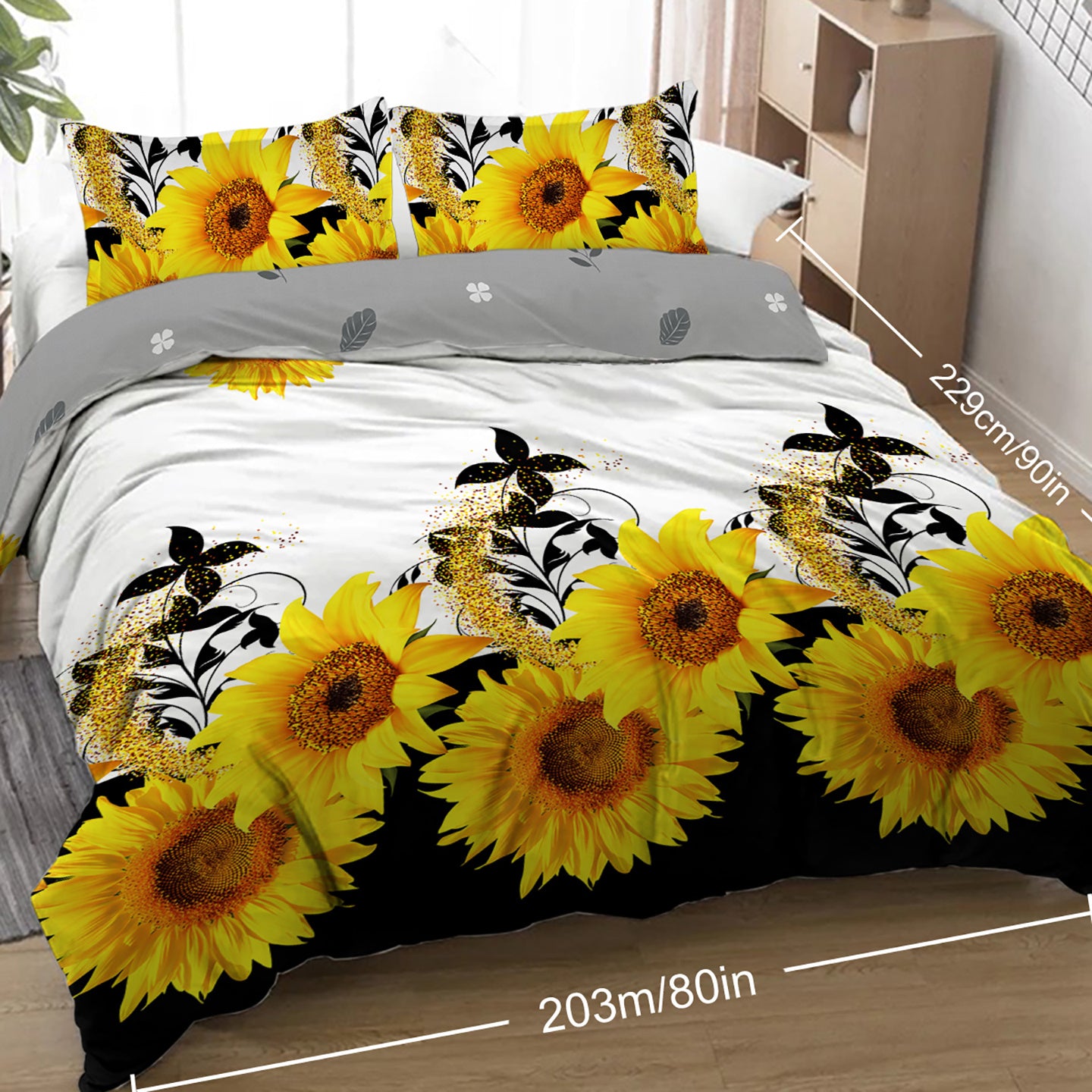 3 Pieces Black and White Background Sunflower Duvet Cover Set