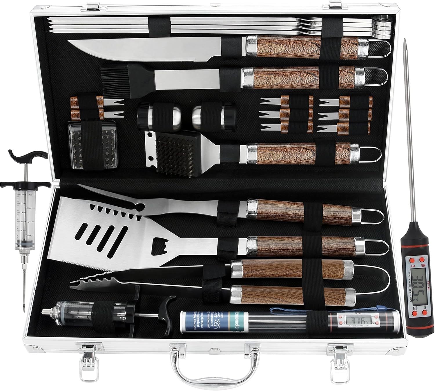 Grilljoy 24PCS BBQ Grill Tools Set With Meat Thermometer And Injector - Extra Thick Stainless Steel Fork