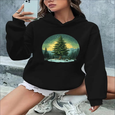Ladies' Autumn And Winter Ribbed Casual Knitted Printed Hooded Sweatshirt