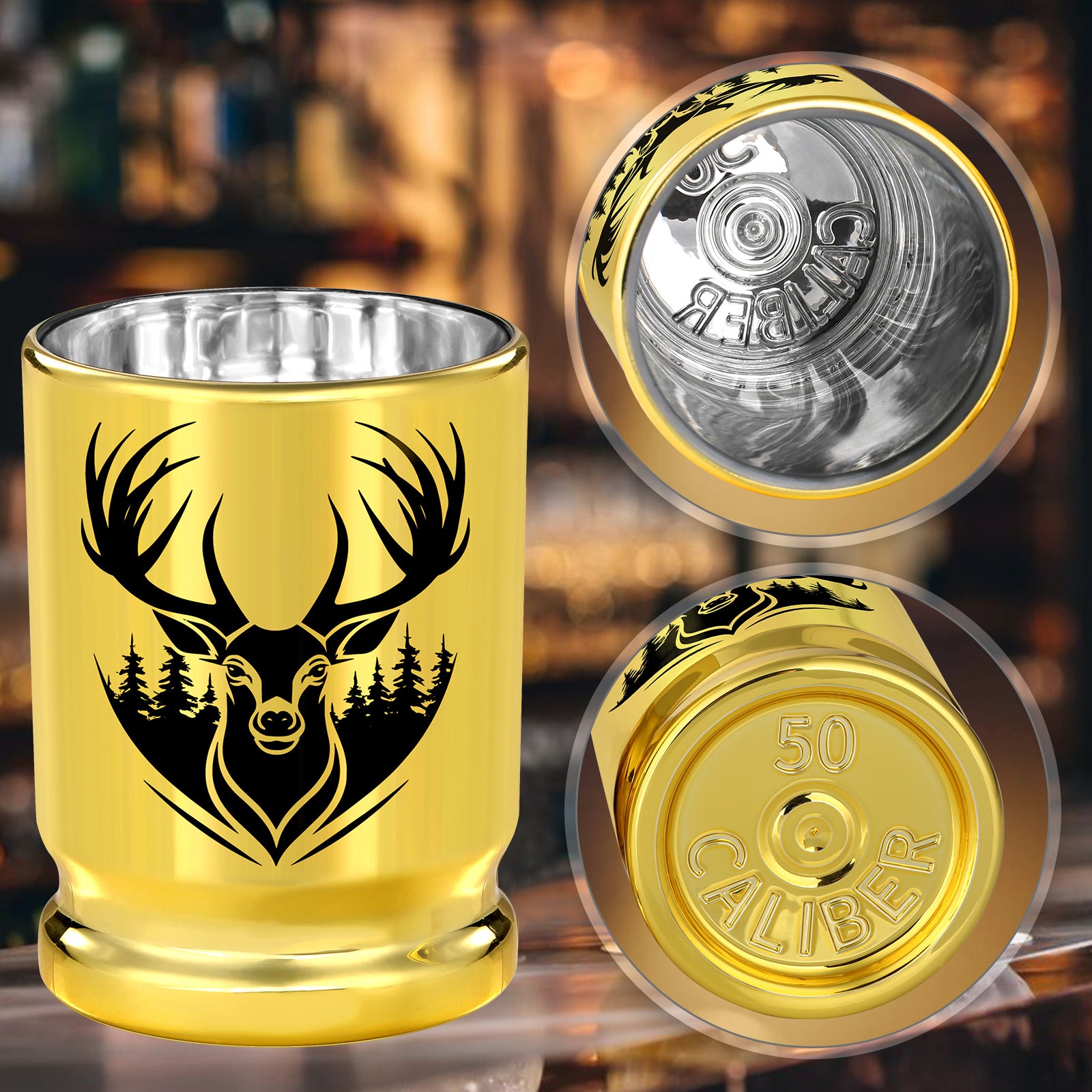 2pcs  50 Caliber Deer Head Golden Plastic Wine Glasses With Gift Box - Leak Proof