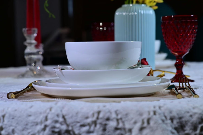 Lily Bone China Dinnerware Set, 16 Pieces, Service For 4, White Plates, Dishes, Bowls Set