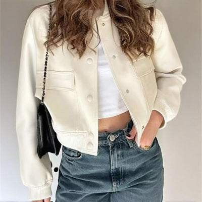 Women's Solid Color Long Sleeve Baseball Jacket With Button Front & Pockets - Casual Short Jacket For Spring&Fall