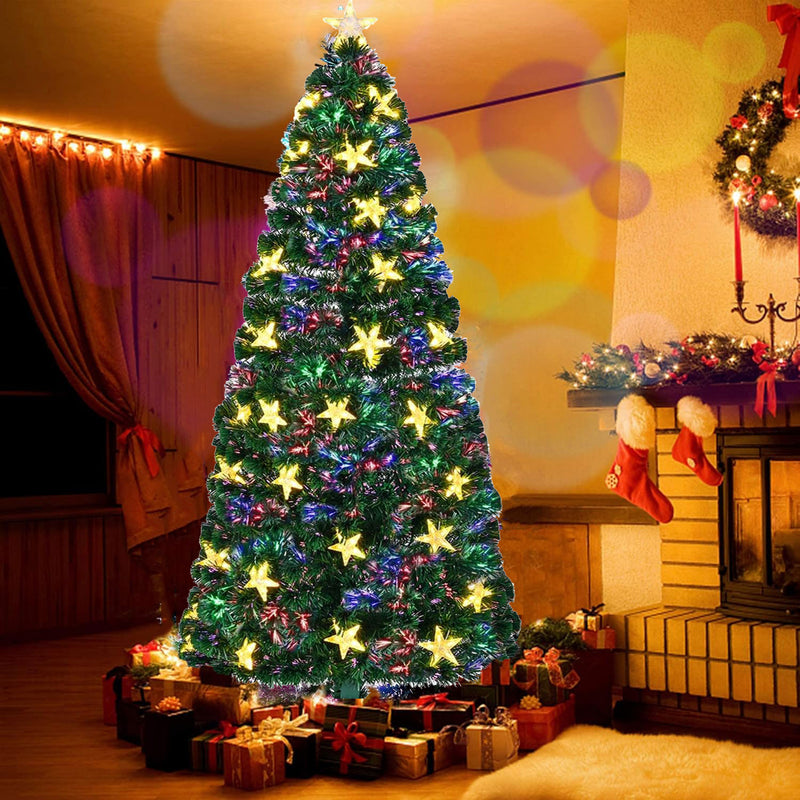 6FT Pre-lit Fiber Optic Christmas Tree With Large Stars, Artificial Chritsmas Tree