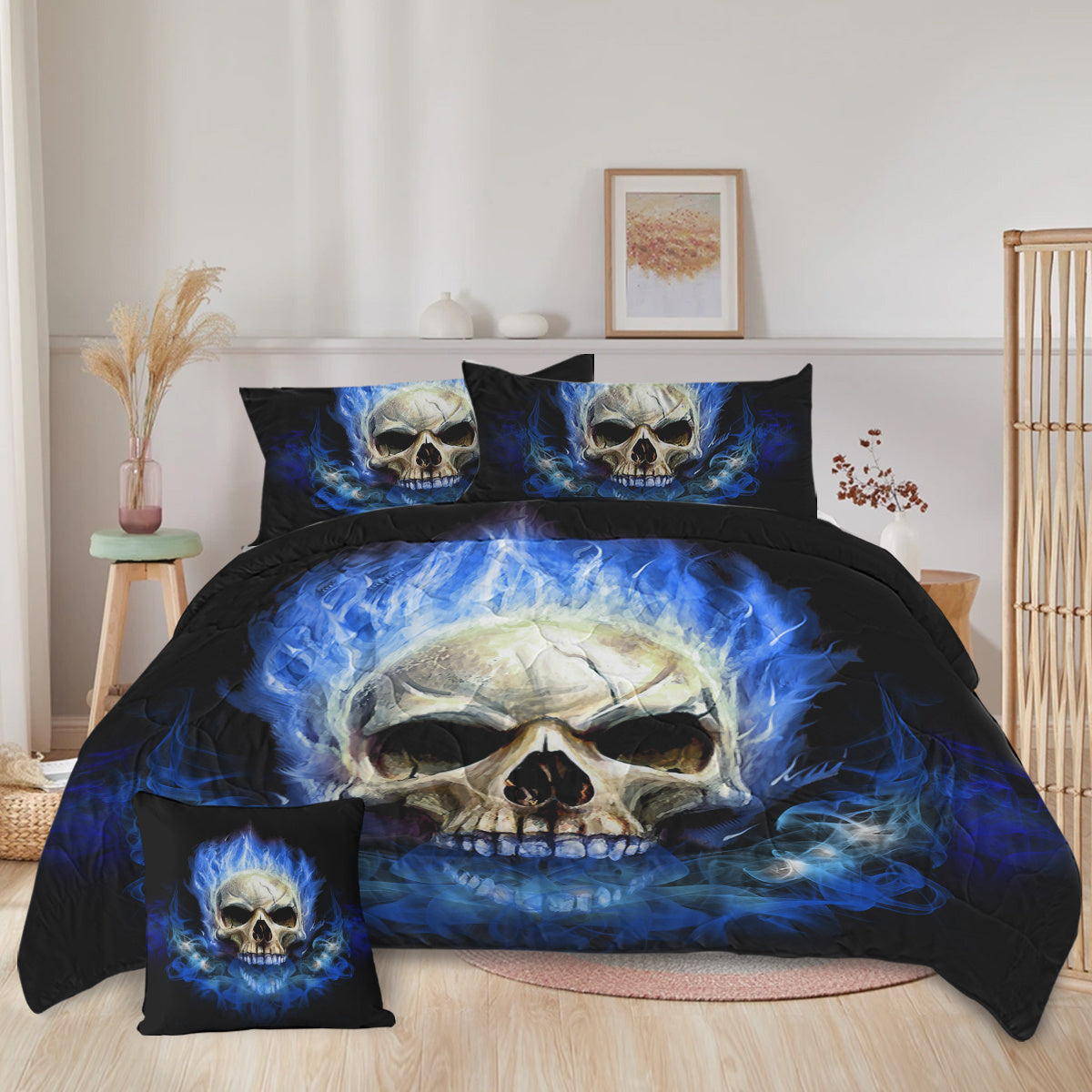 4 Piece Blue Fire Skull Comforter Set,