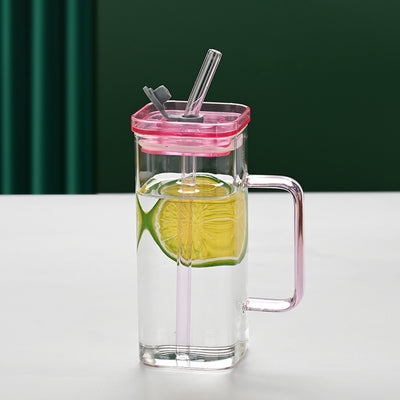 1 Pcs Pink Glass Straw Cup, 6 Colors Square Glass Cup With Straw And Lid