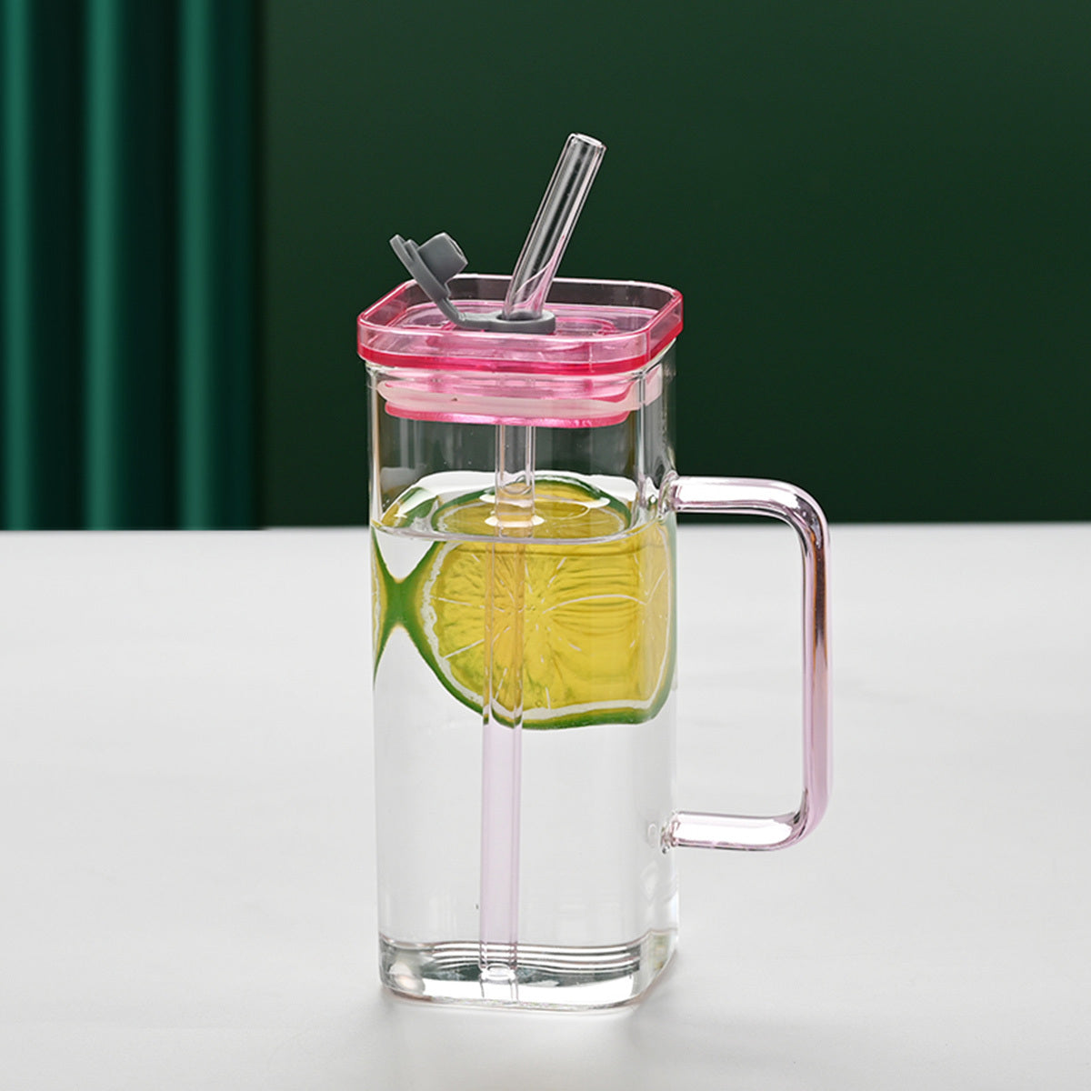 1 Pcs Pink Glass Straw Cup, 6 Colors Square Glass Cup With Straw And Lid