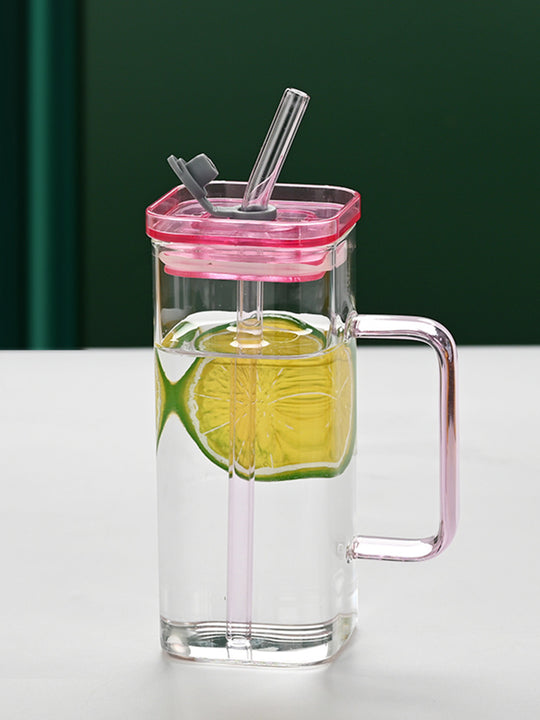 1 Pcs Pink Glass Straw Cup, 6 Colors Square Glass Cup With Straw And Lid