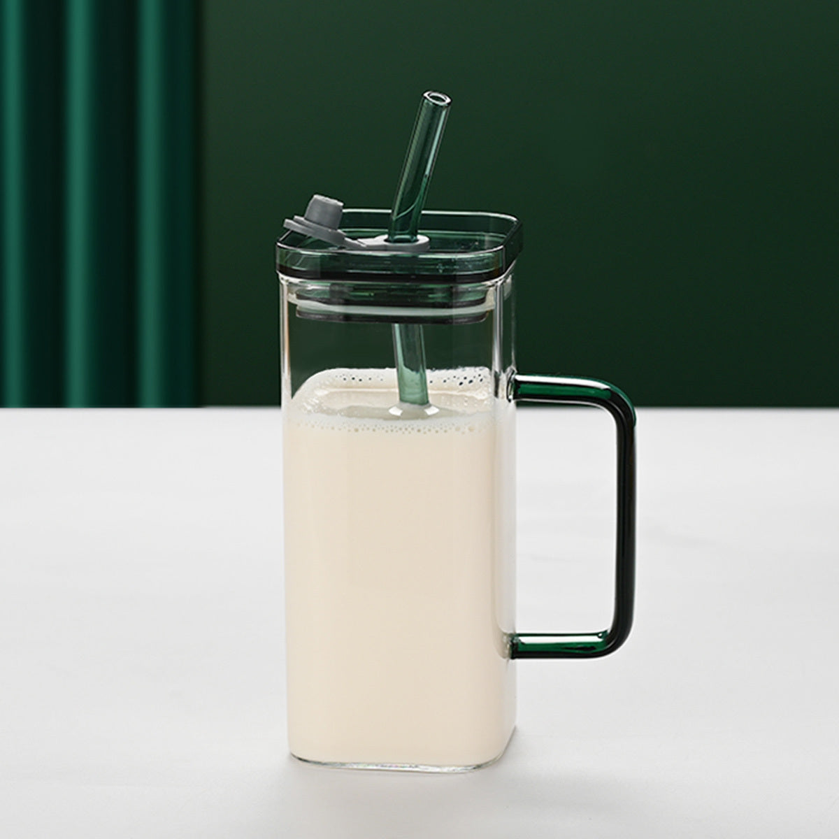 6 Pcs Glass Straw Cup, 6 Colors Square Glass Cup With Straw And Lid